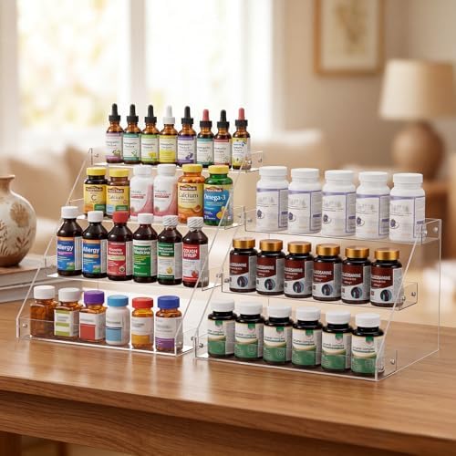 BSTKEY 4 Tier Vitamin Bottles Organizer, Acrylic Widen Tiered Tray for Medicine Bottle Prescription Bottles, Pill Bottle Organizer, Spice Rack Shelf Vanity Storage for Cabinet Kitchen Countertop