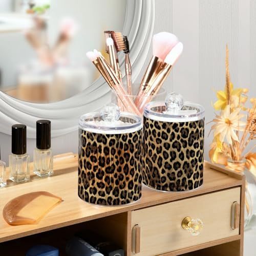 Brown Leopard Print Qtip Holder Apothecary Jars Bathroom Storage Floss Makeup Organizer for Cotton Ball Swab Acrylic 2 Packs