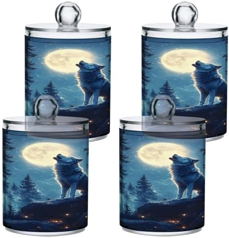 ALAZA Wolf Animal Moon Tree 2 Pack Qtip Holder Dispenser for Cotton Swabs, Balls, Pads, Floss 10 oz Plastic Canister Organizer