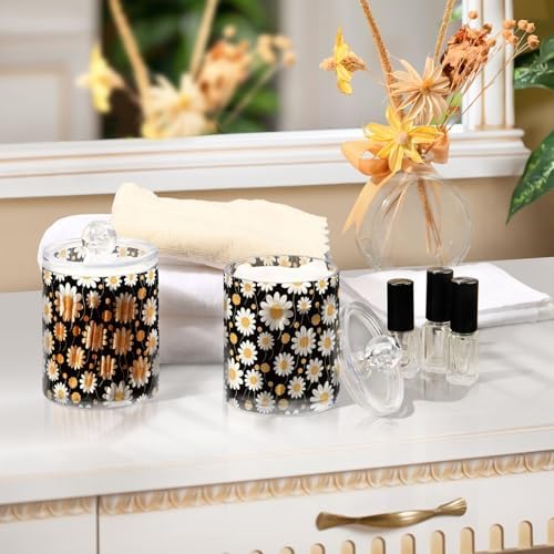 4 Pack Clear Plastic Jars Yellow and White Daisy Flowers Apothecary Jars Bathroom Vanity Organizer for Cotton Ball, Cotton Swab, Cotton Round Pads, Floss 10 Oz