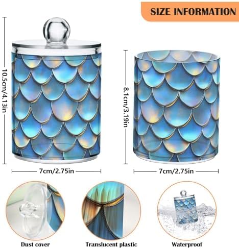 ALAZA 4pcs Blue Mermaid Scale 3D Funny Qtip Holder Dispenser 14 oz Bathroom Storage Clear Apothecary Jars Containers Cotton Ball,Cotton Rounds,Floss Picks, Hair Clips, Food