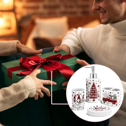 4 Pcs Christmas Ceramic Bathroom Accessories Gifts Xmas Bath Tumbler Xmas Tree Soap Dispenser Toothbrush Holder Soap Tray Merry Christmas Bathroom Decorations(Red and Black Plaid)