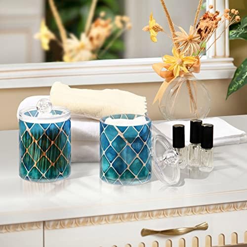 Fustylead 4 Pack Blue-green Squares Qtip Holder Dispensers, Bathroom Storage Canister Plastic Apothecary Jar Set for Cotton Swabs, Ball, Pads, Floss