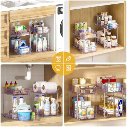 Delamu 2-Tier Under Sink Organizers and Storage, Multi-Purpose Stackable Bathroom Cabinet organizers, Pull Out Kitchen Pantry Organization and Storage with Dividers(2 Pack, Purple)