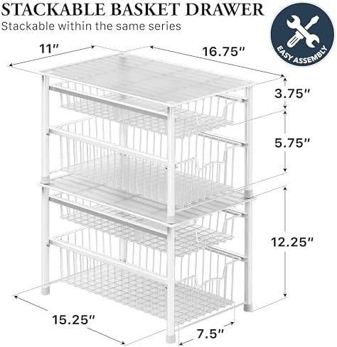 Simple Houseware Stackable Sliding Basket Organizer Drawer, White, 2-Tier