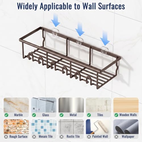 8 Pack Adhesive Rustproof Shower Caddy with Soap Dishes, Toothbrush Holder & Hooks, Large Capacity No-Drilling Shower Shelves Rack for Bathroom Organizers and Storage Accessories, Brown