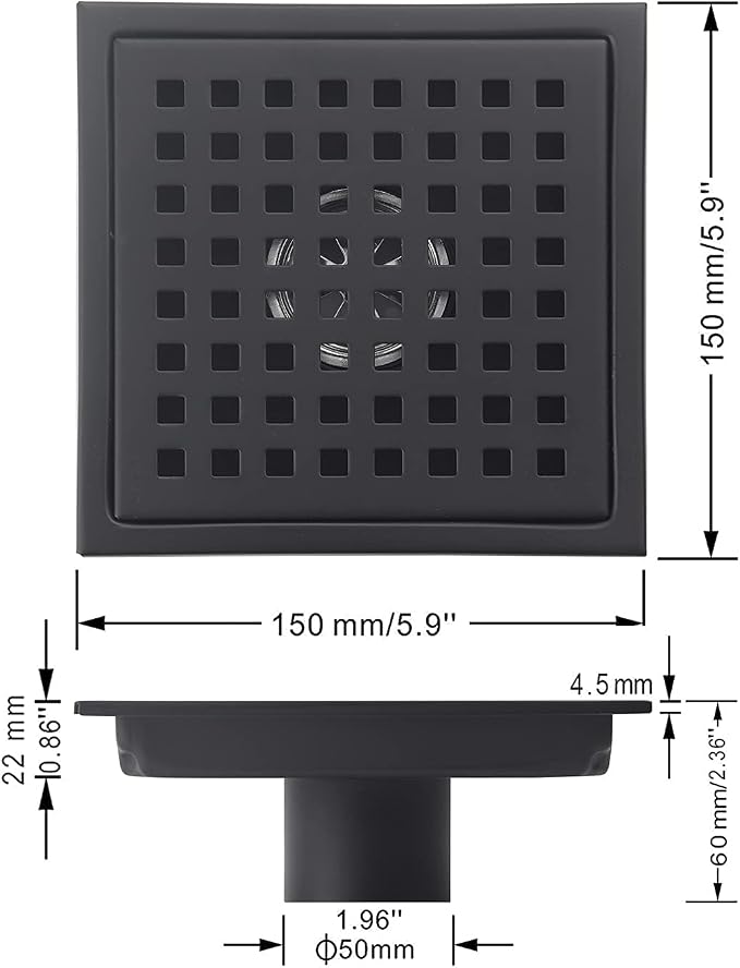 6 Inch Square Shower Floor Drain Black Matte, Grille with Removable Cover, SUS304 Stainless Steel