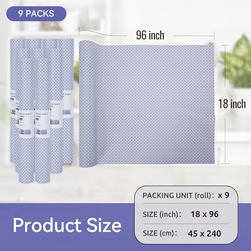 FIFTY FEET 18"x96" Non-Adhesive Shelf Liner for Kitchen Cabinets and Drawers, Washable Non-Slip PVC Cabinet Liner (Blue Circle)(9 Roll)