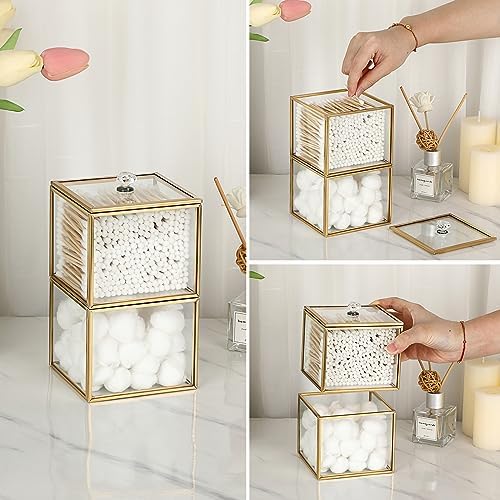 Hipiwe Gold Glass Qtip Holder with Lid 2-Tier Stackable Bathroom Dispenser