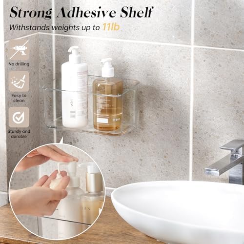 PAVSTINE 2 Pack Clear Shower Shelf, Adhesive Bathroom Shower Shelves