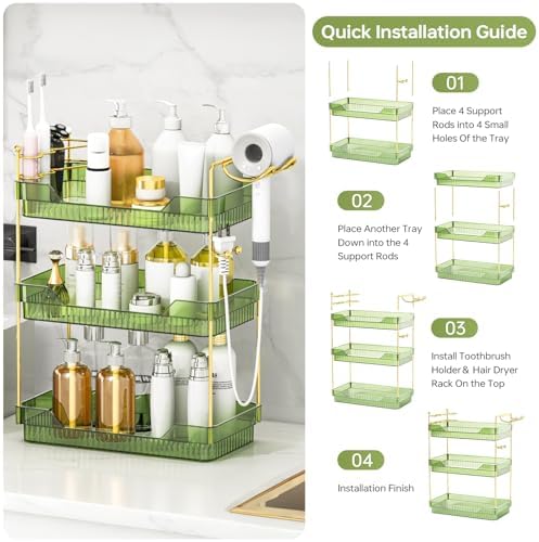 Bathroom Counter Organizer with Hair Dryer Holder and Toothbrush Holder, Acrylic Vanity Tray for Skincare, Perfume, Makeup Storage on Countertop ＆ Dresser (Green, 3-Tier)