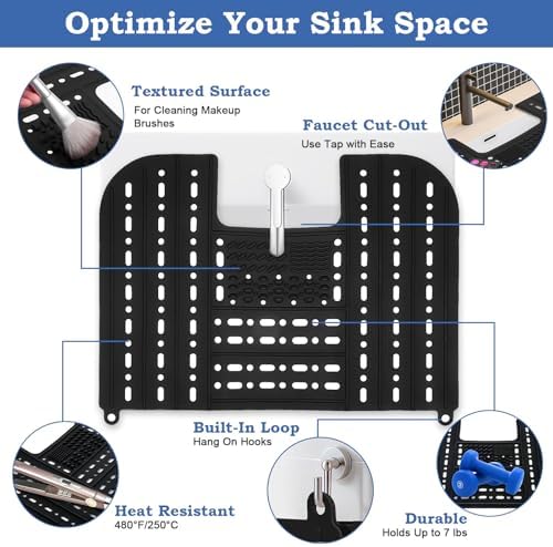 Bathroom Sink Cover for Counter Space,Foldable RV Sink Cover,Heat-Resistant Silicone Makeup Brush Cleaner Mat with Reinforced Steel Rod Frame,21.7x16.9 Inch Sink Covers with Hanging Loop