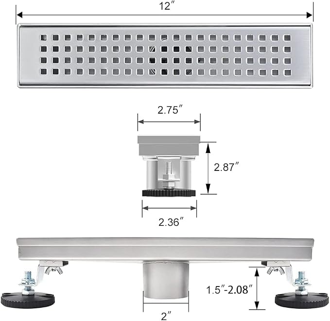 Linear Shower Drain, 12 inch Drain with Removable Grate Cover, Brushed 304 Stainless Steel Shower Floor Drain, Linear Drain with Hair Strainer and Adjustable Feet