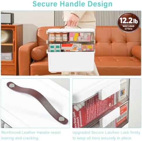 Homaigie Extra Tall 3-Tier Medicine Cabinet Organizer for Medicine Bottles Organizer, Portable Medicine Storage Box with Leather Handle, Empty First Aid Kit Container for Home, Classroom