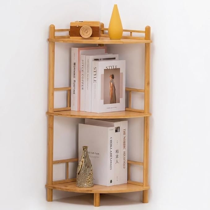3-Tier Expandable Bamboo Corner Shelf Stand,Corner Bookshelf, Display Storage Shelves with Open Shelves, for Organization and Storage, Living Room, Home Office, Garage (Natural, 3-Tier WithRail)