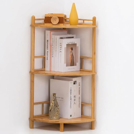 3-Tier Expandable Bamboo Corner Shelf Stand,Corner Bookshelf, Display Storage Shelves with Open Shelves, for Organization and Storage, Living Room, Home Office, Garage (Natural, 3-Tier WithRail)