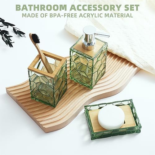 GAHEFY Sage Green Bathroom Accessories Set, Toothbrush Holder, Soap Dispenser, Cotton Swabs Holder, Soap Dish, Toilet Brush with Holder, Boho Bamboo Bathroom Decor,Acrylic (Green)