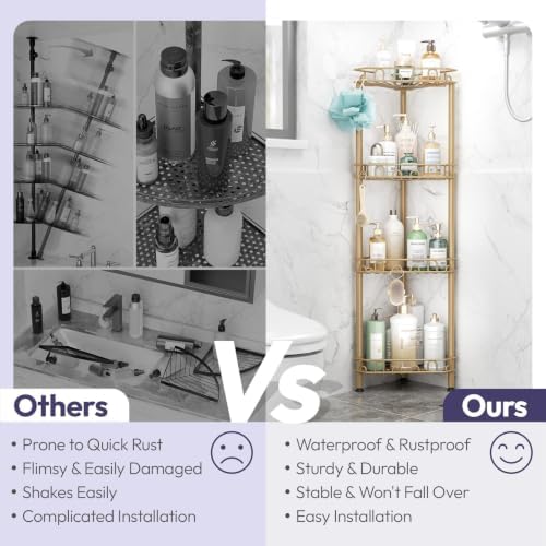 SWTYMIKI Standing Shower Caddy Corner - 4‑Tier Stainless Steel Shower Organizer Shelf with 12 Hooks and Adhesive Pads, Rustproof Corner Shelves Stand Rack for Bathroom Shower Room, Gold