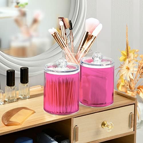 SHJI Hot Pink Qtip Holder Organizer Dispenser Cotton Swabs Cans Plastic Jars with Lid Set 4 Pack Bathroom Storage Canister for Cotton Ball Floss Cotton Pads