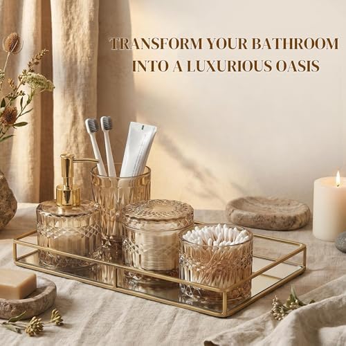 LaMarriti Brown Bathroom Accessories Set, 4Pcs Clear Glass Bathroom Set, Soap Dispenser and Toothbrush Holder Set, Qtips Holder, Soap Dish for Crystal Modern Bathroom Decor, Countertop Organizer