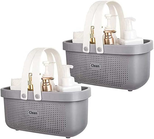 Shower Caddy Portable Drainage, Plastic Shower Caddy Basket with Handles, 2 Pack Portable Cleaning Supply Storage Organizer with Holes for College Dorm Bathroom - Grey