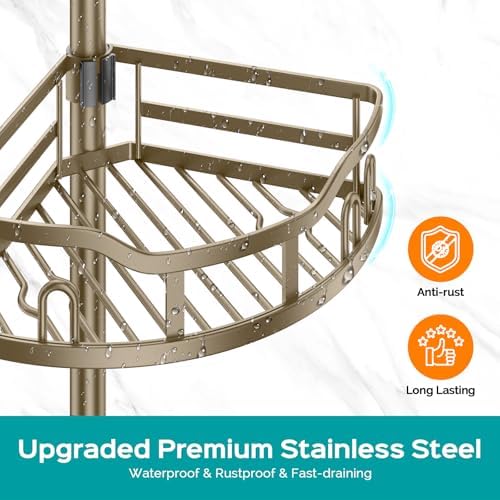 HAMITOR Shower Caddy Corner Tension Pole Adjustable No-Drill Bathroom Shelf