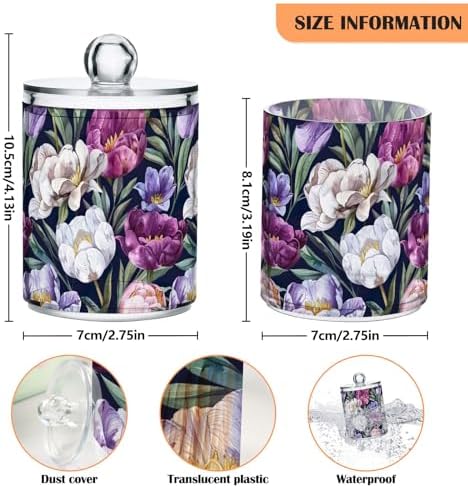 White and Purple Tulips Qtip Dispenser Set of 2, Apothecary Jars with Lids Makeup Brush Container for Cotton Ball, Swab, Floss, Makeup Sponges, Hair Clip 10 Oz