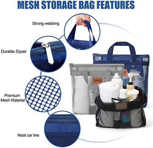 3 Pcs Portable Mesh Shower Caddy Tote, Quick Dry Tote Bag Mesh Beach Bags for Women, Hanging Toiletry and Bath Organizer for Travel Swimming Sports Gym Camp Shopping College Dorms (Black Gray D Blue)