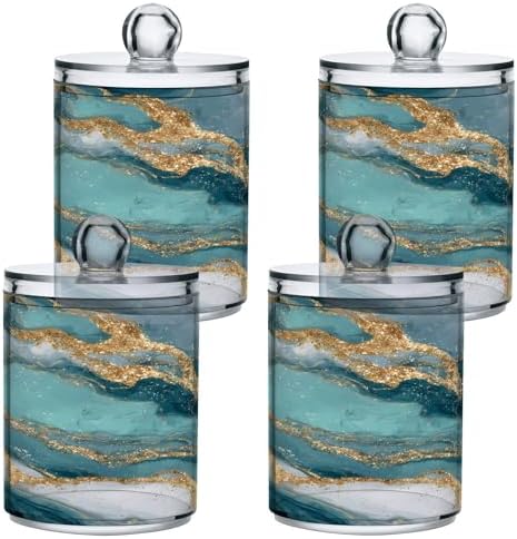 MNSRUU 2 Pack Qtip Holder Organizer Dispenser Teal Green Modern Fluid Art Bathroom Storage Canister Cotton Ball Holder Bathroom Containers for Cotton Swabs/Pads/Floss