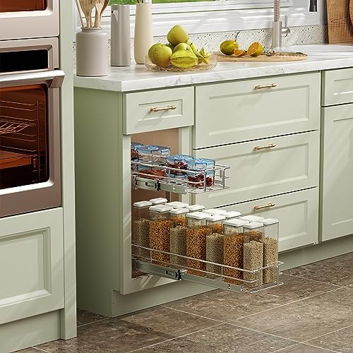 ROOMTEC Pull Out Cabinet Organizer (7½"W x 21½"D),2 Tier Pull Out Storage Shelf Drawer Basket,Sliding Shelves for Base Cabinet Organization in Kitchen, Bathroom, Pantry