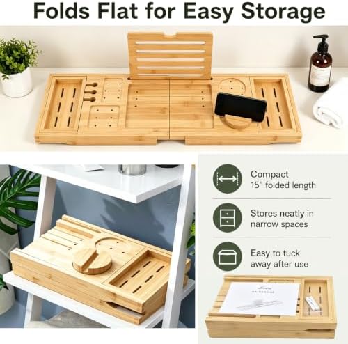 Bamboo Bathtub Tray, Expandable Foldable Bath Caddy, Natural