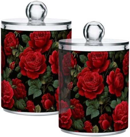 Gredecor Qtip Holder Dispenser 2 Pack Red Rose Flowers Leaves Bathroom Decorative Storage Canister Holder Counter Vanity Organizer for Cotton Ball Swabs Pads Floss