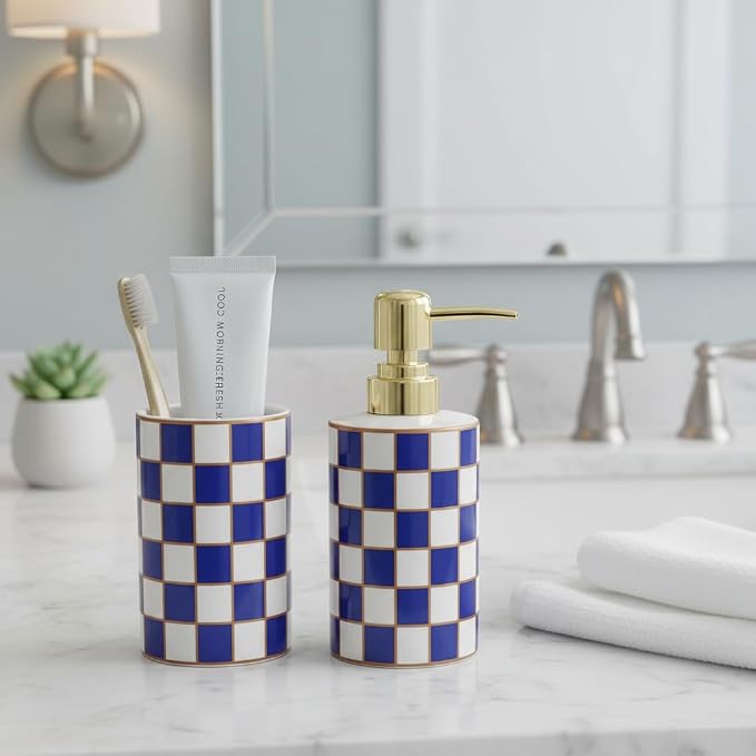 Bathroom Toothbrush Holder Set, Ceramic Checkered Soap Dispenser and Tooth Brush Holder Set, Modern Bathroom Accessories Sets Countertop, Black and White Checkered Bathroom Decor Set (Blue)