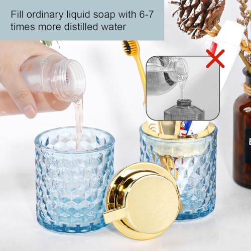 Bathroom Accessories Set 2pcs Glass Foaming Soap Dispenser and Toothbrush Holder for Bathroom Countertop, Blue Glass Bathroom Assessory Set with Gold Decor