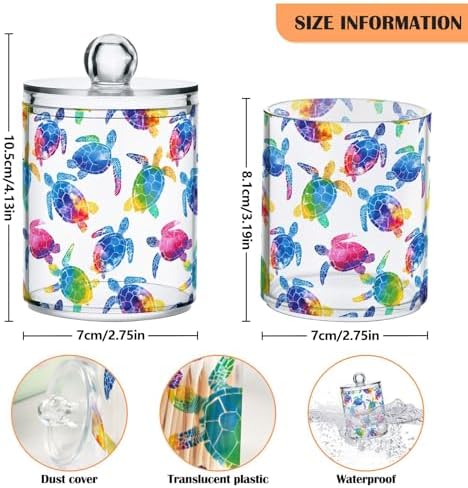 ALAZA 2pcs Multicolor Watercolor Sea Turtle Qtip Holder Dispenser 14 oz Bathroom Storage Clear Apothecary Jars Containers Cotton Ball,Cotton Rounds,Floss Picks, Hair Clips, Food