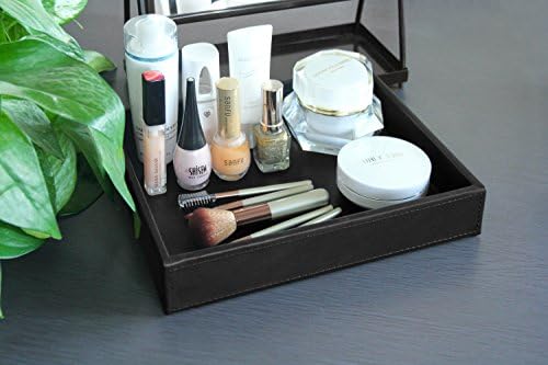 HofferRuffer Faux Leather Vanity Tray, Elegant Desktop Storage Organizer, Decorative Catchall for Perfume, Bathroom Valet, Nightstand or Dresser, Black, 10.2 x 8.4 x 1.8 Inches