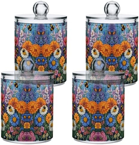 MNSRUU 2 Pack Qtip Holder Organizer Dispenser Floral Daisy Bee Spring Bathroom Storage Canister Cotton Ball Holder Bathroom Containers for Cotton Swabs/Pads/Floss