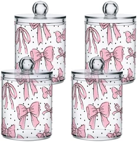 4 Pack Apothecary Jars Bathroom Bow Pink Qtip Holder Dispenser Clear Plastic Storage Canister Jar with Lid for Cotton Ball, Cotton Swab