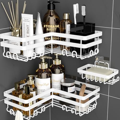 StorageRight Corner Shower Caddy, Adhesive Shower Organizer with Hooks