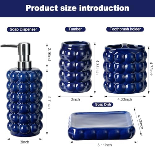 4 Piece Ceramic Bathroom Accessories Set –Soap Dispenser,Toothbrush Holder,Tumbler & Soap Dish,Includes Silicone Funnel,Non-Slip,Modern Farmhouse Countertop Organizer Set for Bathroom Decor, Navy Blue