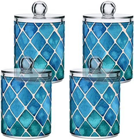 Fustylead 4 Pack Blue-green Squares Qtip Holder Dispensers, Bathroom Storage Canister Plastic Apothecary Jar Set for Cotton Swabs, Ball, Pads, Floss
