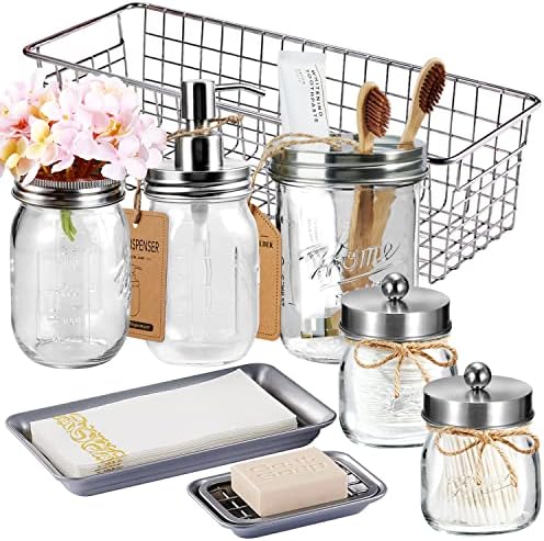 SheeChung 8PCS Mason Jar Bathroom Accessories Set Complete - Brushed Nickel