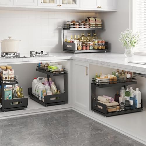 Under Sink Organizer Upgrade To Professional Rails,2-Tier Dual Pull Out Cabinet Storage,Height Adjustable Slide Out Drawers For Bathroom Kitchen,2 Pack-16.7"Dx12.8"-16.9"H,Black
