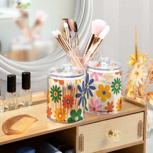 Fustylead 4 Pack Groovy Vibrant Bohemian Colorful Daisy Flowers Qtip Holder Dispensers, Bathroom Storage Canister Plastic Apothecary Jar Set for Cotton Swabs, Ball, Pads, Floss