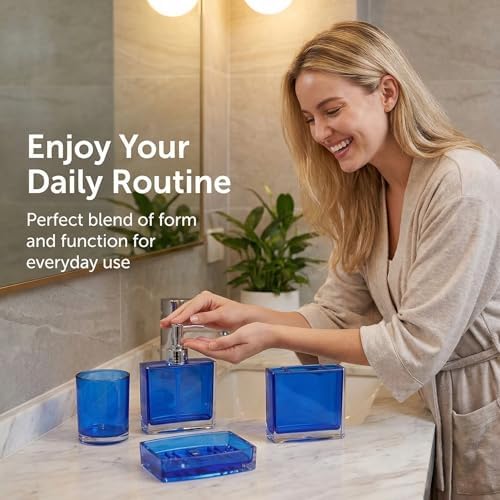 Bathroom Accessories Set, Acrylic Bathroom Accessory Set with Soap Dispenser,Soap Dish, Toothbrush Holder, Tumbler, Modern Bathroom Accessories Decor,Gift for Home (Blue-4)