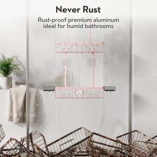 Over the Door Shower Caddy Hanging With Double Soap Holder Never Rust Aluminum Shower Shelf With 4 Hooks Hanging Bathroom Organizer No Drilling Shelves for Bathroom Storage Pink