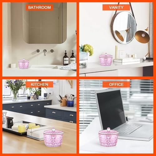Bathroom Qtip Holder, Pink Floss Pick Dispenser, Canister Jar Qtip Dispenser Holder Mosaic Glass with Lid- for Cotton Swabs,Bath Salts, Hair Band, Cotton Balls and Candy Jar