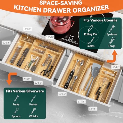 Lixple Bamboo Drawer Organizer – Set of 2 Stackable Storage Boxes, Silverware Tray & Small Gadget Holder for Kitchen Drawers, 9" x 3" x 2" (Outer), 8.3" x 2.3" x 1.77" (Inner)