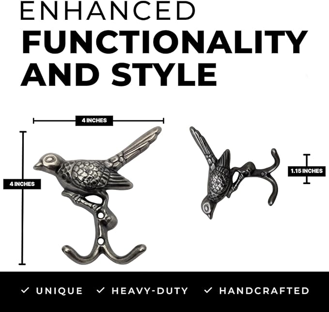 12 pcs Antique Silver Bird Decorative Wall Hooks for Hanging Coats, Keys, Towels, Bags, and More