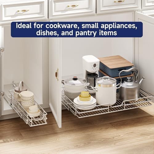 Pull Out Cabinet Organizer, 16.5" W x 21.5" D, Heavy Duty Chrome Slide Out Shelf for Base Cabinets, Sliding Wire Basket Drawer for Pantry Items, Bowls, Containers & Cleaning Supplies